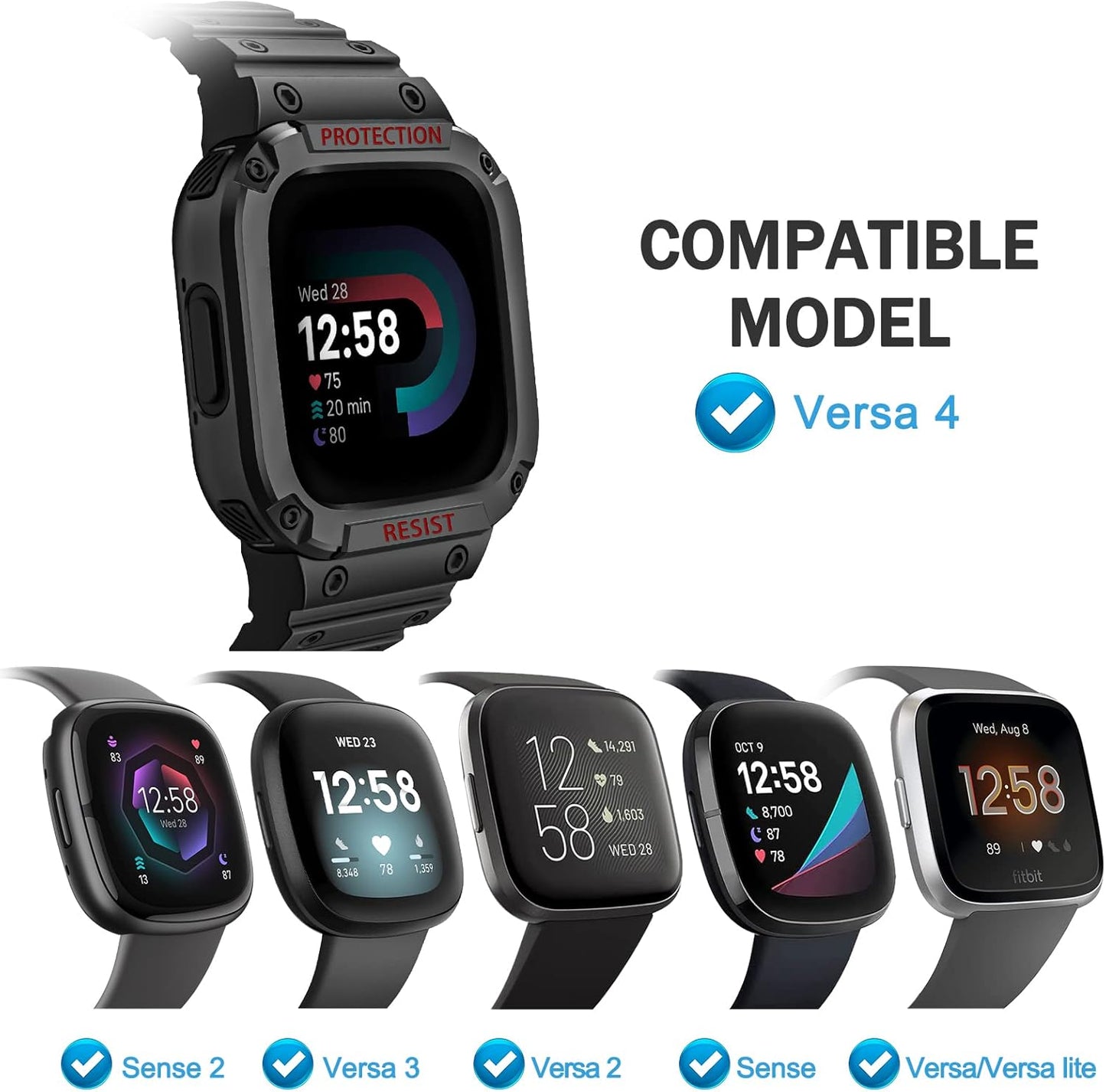 FINTIE Bands with Case Compatible with Fitbit Versa 4/3/2/1/Versa Lite/Fitbit Sense 2/Sense, Protective Case Strap Rugged Sport Band Men, Black
