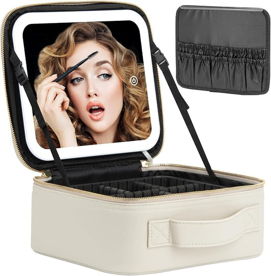 Extrei Gent Makeup Travel Train Case with Mirror LED Light 3 Adjustable Brightness Large Cosmetic Bag Portable Storage Adjustable Partition Waterproof Make up Brushes Makeup Jewelry Gift for Women