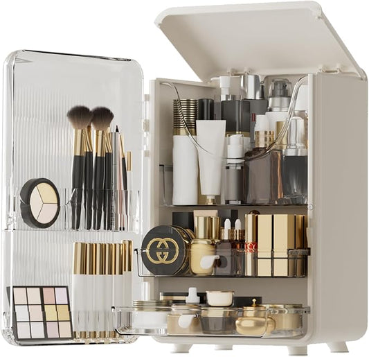 HAIXIN Makeup Organizer for Vanity, Large Capacity Skincare Organizer with Drawers, Top Opening Cosmetic Storage for Bathroom Countertop, Lipstick & Perfume Organizer (White)