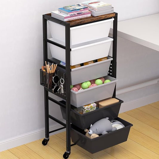 Rolling Cart with Drawers, Rolling Storage Cart with Large Plastic Drawers & Wooden Tabletop, Utility Cart with Pegboards & Basket, Storage Drawers Cart for Living Room, Classroom, Bedroom, Office