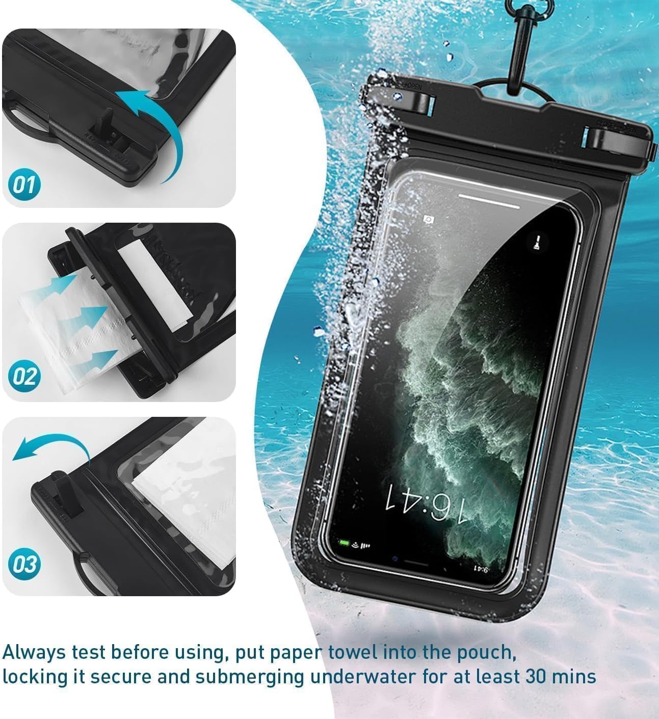 Waterproof Phone Case, with Inside Card Holder, Large Waterproof Pouch for iPhone 16 15 14 13 Pro Max, IPX8 Certified Cellphone Travel Accessories for Vacation Must Haves, 1 Pack-Blue-8.3″