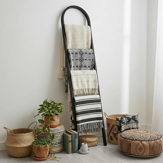 Sintuff Arched Blanket Ladder for Living Room, 5.5ft Wooden Blanket Rack, 5-Tier Natural Leaning Ladder Shelf for Farmhouse Bedroom Living Room Bathroom Decor (Arch,Balck)
