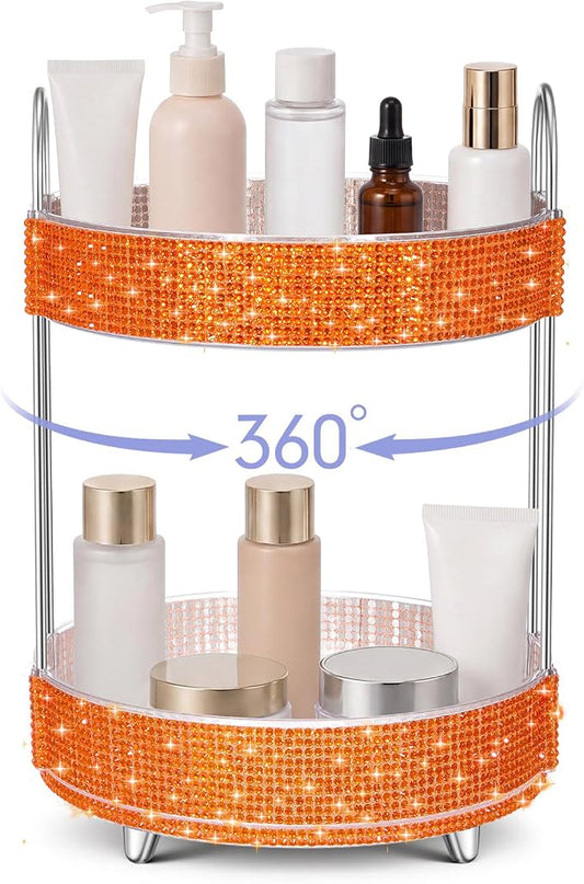 Honeydak 360 Rotating Perfume Organizer Gift for Women, Rhinestone Preppy Skincare Organizer Bathroom Counter Makeup Holder Skincare and Perfume Storage for Cosmetic(2 Tiers,Resin Diamond,Orange)