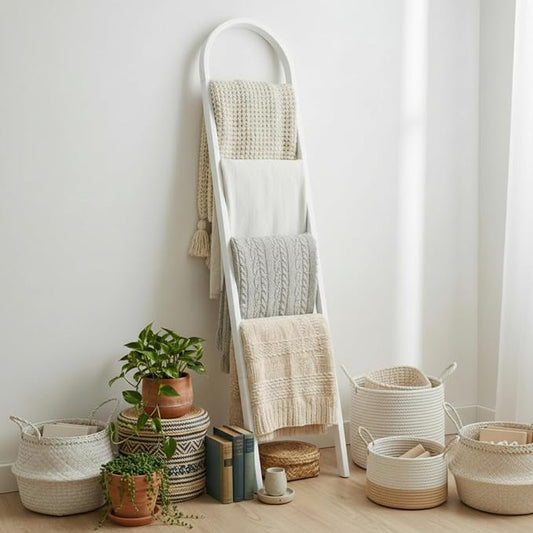 Sintuff Arched Blanket Ladder for Living Room, 5.5ft Wooden Blanket Rack, 5-Tier Natural Leaning Ladder Shelf for Farmhouse Bedroom Living Room Bathroom Decor(Arch,White)