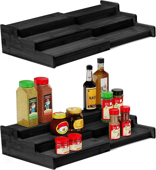VenDotbi Spice Rack, 3-Tier Expandable Bamboo Spice Rack Organizer for Cabinet, Kitchen, Pantry and Cupboard Storage Organizer-Black(2pack)