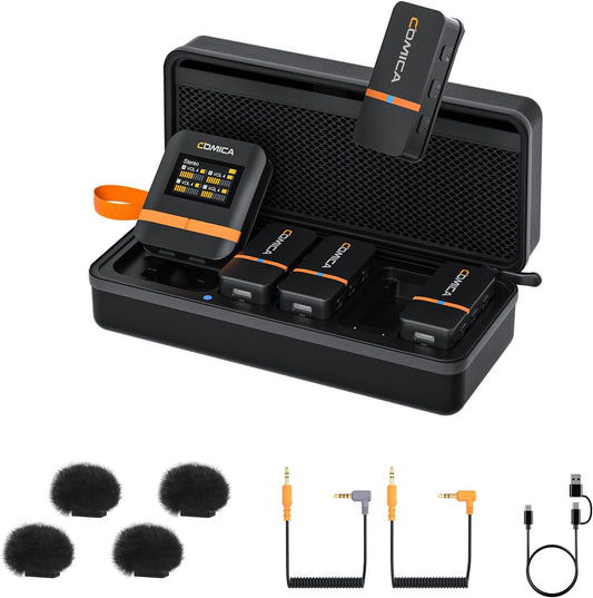 COMICA Vimo Q 4 Channel Wireless Lavalier Microphone System with Noise Cancellation, 4 Audio Tracks Output, 656ft Range, Wireless Mic for iPhone, DSLR Camera, Android, Video Recording Livestream