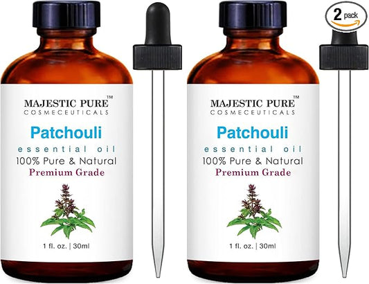 Majestic Pure Essential Oil with Glass Dropper - 100% Pure and Natural - Essential Oils for Diffuser, Aromatherapy, Soap and Candle Making, Patchouli Essential Oil, Patchouli Oil, 1 Fl Oz (Pack of 2)
