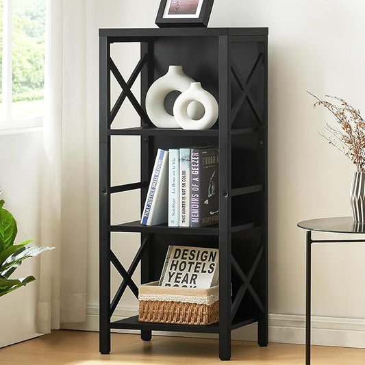 MNEETRUNG Small Bookshelf,4 Tier Industrial Bookcase with Metal Frame and Backboard,Narrow Black Book Shelf,Office Book case for Small Spaces,Living Room,Bedroom and Home Office