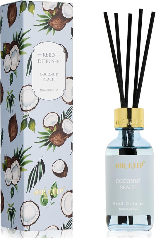 Airkeep Reed Diffuser Set, 3.38 fl oz (100 ml) - Coconut Beach Oil Diffusers with 8 Reed Sticks, Home Fragrance Reed Diffuser for Bathroom Shelf Decor