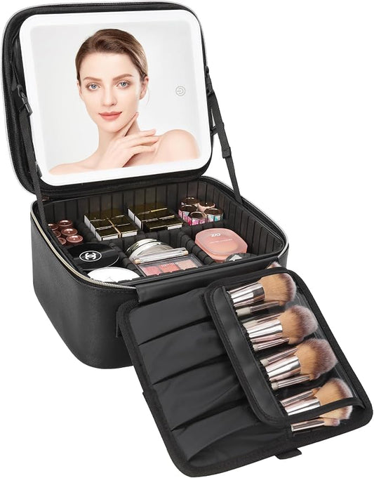 Relavel Travel Makeup Bag With LED Mirror, Cosmetic Train Case with Light up Mirror, Portable Makeup Artist Organizer Bag with Adjustable Dividers, Makeup Brush Holder Storage, Black