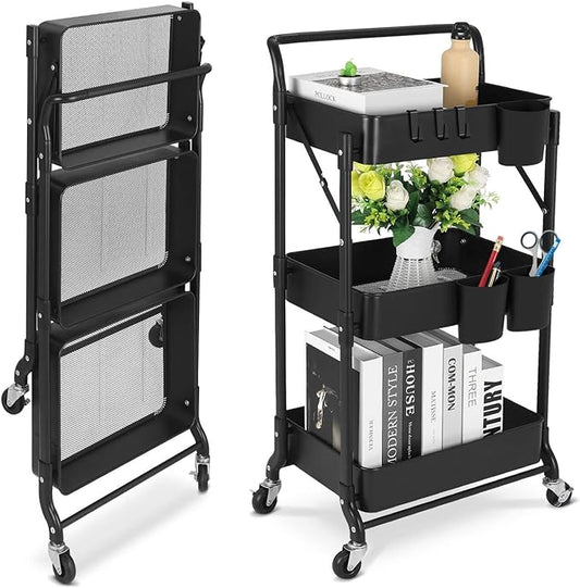 Foldable 3 Tier Metal Utility Rolling Cart, Folding Mobile Multi-Function Storage Trolley Organizer Cart for Home Library Office(Black)