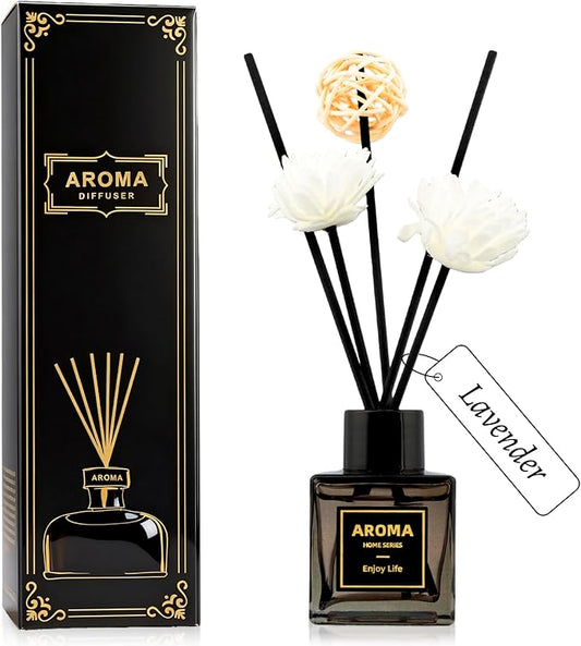 Black Glass Bottle Scent Diffuser, 1.7 oz Reed Diffuser with Sticks, Home Fragrance for Bookshelf, Bedroom Vanity, Office Desk & Bathroom Decor, Air Freshener for Aesthetic Room Decor (Lavender)