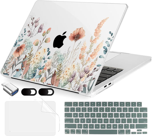 Compatible with MacBook Air 13.6 inch Case, M4 A3240/M3 A3113/M2 A2681 (Released 2025 to 2022), Hard Shell, Keyboard Cover, Screen Protector, Webcam Cover & Type-C Adapter, Abstract Flower