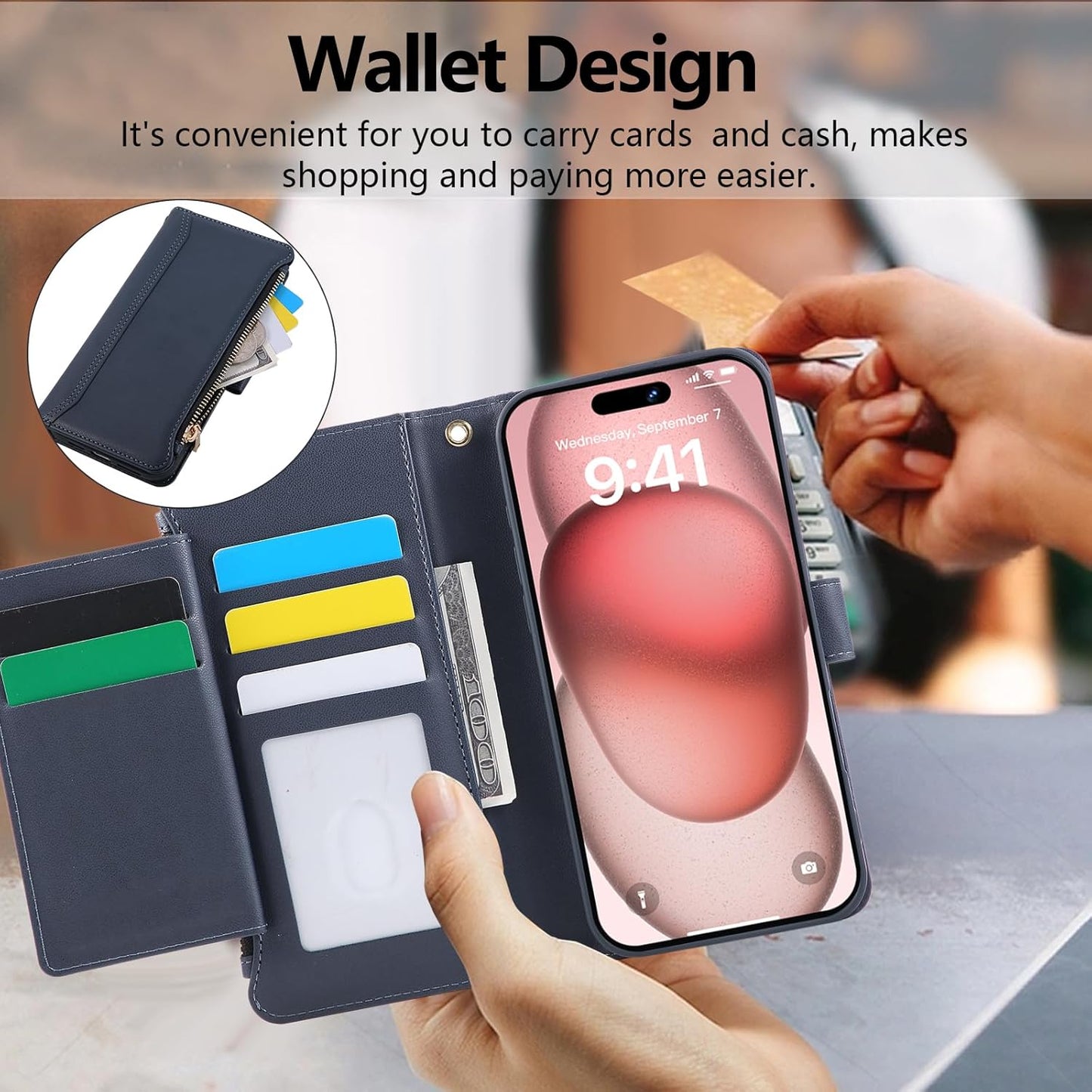 Compatible with iPhone 13 Pro Wallet Phone Case-PU Leather Magnetic Flip Cover with Credit Card Slots,Zipper Pocket & Detachable Wrist Strap,Shockproof Design,for Women and Men-Navy Blue