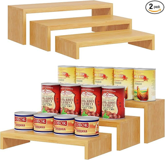 2 Sets Bamboo Can Organizer for Pantry, 3-Tier 6-Piece Adjustable Cabinet Can Display Rack, Soda Can Organizer Holds Up to 31 Cans, Canned Goods Storage Holder for Pantry, Cabinet, Countertop