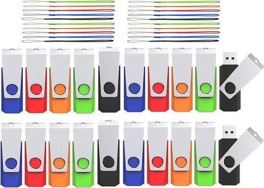 1GB Flash Drive 20 Pack, Wooolken USB 2.0 Thumb Drives Memory Stick with LED Light and Lanyards for Storage and Backup (Mixed Colors: Black Red Blue Orange Green)