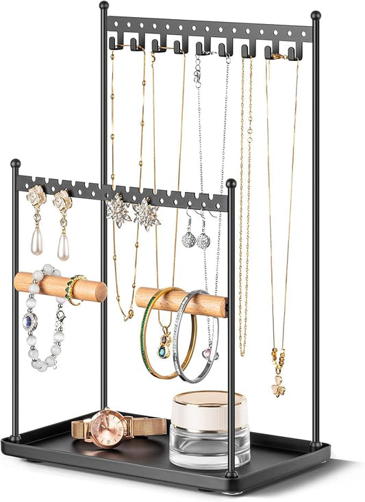 3 Tier Black Jewelry Stand, Necklace Organizer, Earring Holder with 44 Holes and 9 Hooks, for Necklaces, Bracelets, Rings