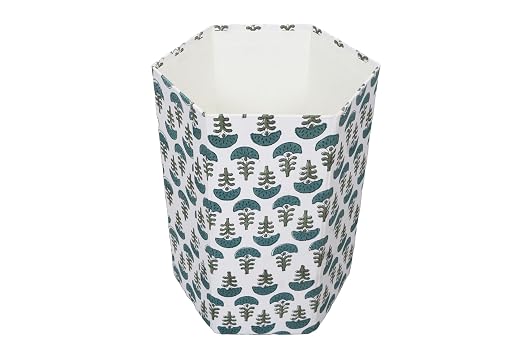 Generic 3.3 Gallon Cotton Hand Block Printed Paper Waste Basket |Small Decorative Trash Can for Housewarming Gifts in Living Room, Bedroom, Bathroom | Eco-Friendly, Plastic-Free (1, GREEN WHITE)