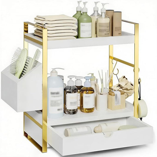 2-Tier Bathroom Counter Organizer with Drawer and Basket, Wood Countertop Organizer for Storage, Skincare Organizers for Vanity, Counter Shelf for Bathroom Organization(White-gold)