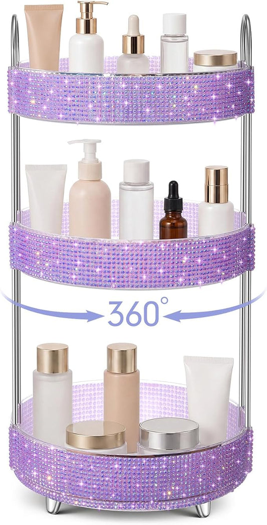 Honeydak 360 Rotating Perfume Organizer for Mother Day Nurse Day Rhinestone Bathroom Counter Organizer Makeup Holder Skincare and Perfume Storage for Cosmetic Countertop(3 Tiers,Resin Stone,Purple)