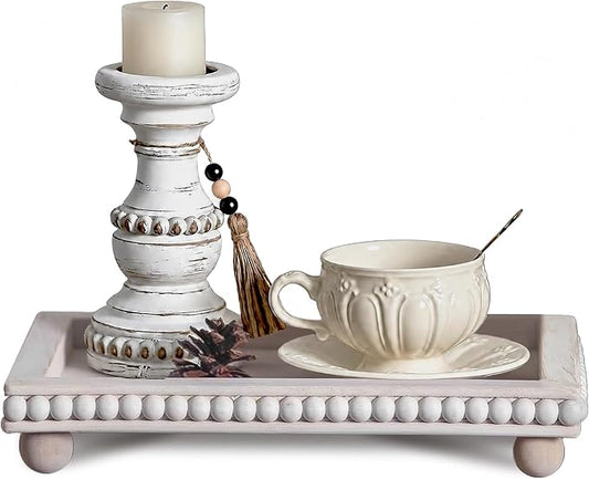 Decorative Coffee Table Tray, 13.5 x 9.7 Inch White Washed Wooden Beaded Tray with Removable Legs, Rustic Farmhouse Rectangular Tray for Coffee Table, Kitchen Counter and Vanity Decor