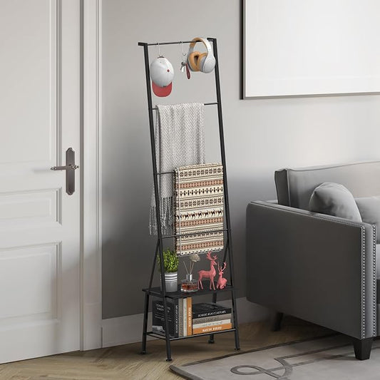 Blanket Ladder Metal Towel Ladder with Shelf Standing Towel Rack Holder for Bathroom 6 Tier Blanket Ladder for the Living Room Blanket Rack with Removable Hooks, Black