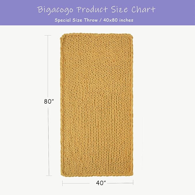 Bigacogo Chunky Knit Throw Blanket for Couch, 40x80 inches, 100% Hand Knitted with Thick Jumbo Chenille Yarn, Cozy Soft Large Rope Knot Cable Crochet Blankets for Sofa Bed Living Room, Mustard Yellow