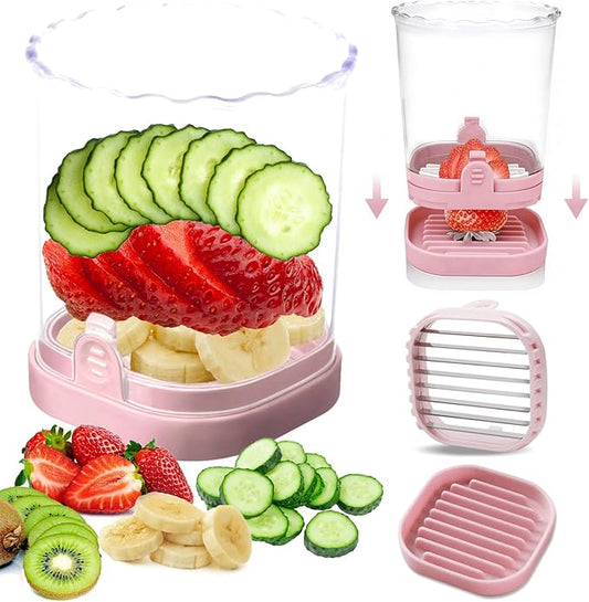 Strawberry Slicer：Fruit Slicer Cup Veggie Salad Speed Cutter for Strawberries Egg Banana Mushroom Cucumber Kiwi the Kitchen Portable Slicing Tool (Pink)