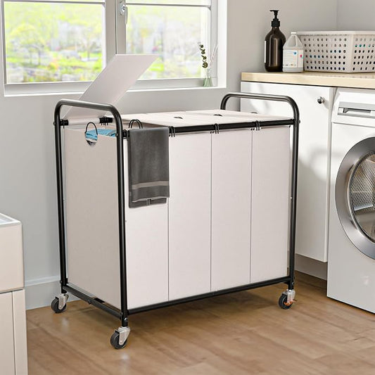 Laundry Sorter 4 Sections 48 Gal, Rolling Laundry Basket with Lockable Wheels and Lid, Laundry Hamper with 4 Separated Removable Bags Dirty Clothes Hamper for Laundry Room Organizer, White
