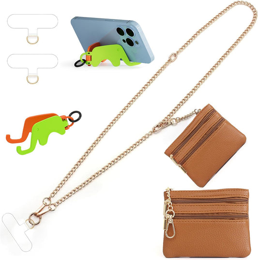 Clip and Go Strap for Phone Gold Metal Chain with Brown Purse Wallet Crossbody Phone Lanyard for Women with Cell Phone Stand Holder 2 Patches Tether Adjustable Anti Theft for iPhone 16 15 All Phones