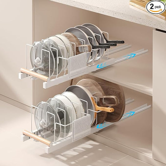 Magheo 2 Pack Pull Out Pots and Pans Organizer Under Cabinet, 22" Deep Expandable Pot Lid Organizer and Storage with 10 Adjustable Dividers Adhesive Pot and Pan Holder Rack with Handle Bracket(White)