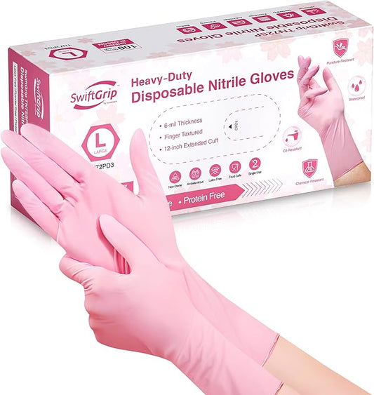 SwiftGrip Disposable Nitrile Dishwashing Gloves, Extended 12 Inches Cuff, 6-mil, Cherry Blossom Cleaning Gloves, Latex-Free