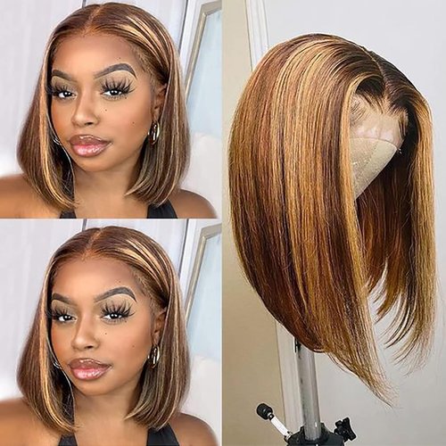 MYMYDA Short Highlight Lace Front Bob Wigs for Black Women Human Hair Pre Plucked T Part Ombre Honey Blonde Mixed Brown Dark Roots Colored Wig 16 Inch