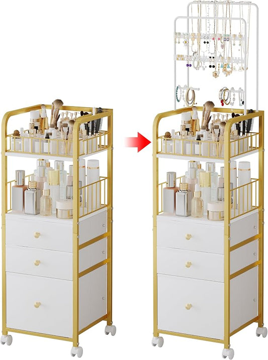 Makeup Organizer Cart with 3 Drawers, Jewelry Organizers and Storage for Earring Necklace, Large Vanity Storage Organizer for Skin Care Perfume Make up Brush Nail Polish Hair Tool (Gold)