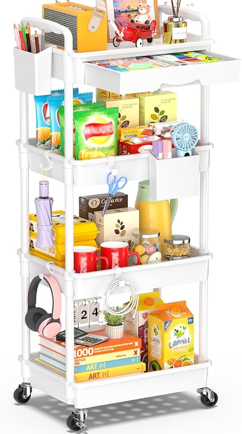 SUNALLY 4 Tier Rolling Utility Cart with Drawer, Storage Organizer Cart with 2 Lockable Wheels, Multifunctional Rolling Storage Cart for Bathroom, Kitchen, Craft, Makeup, Baby Essentials, White