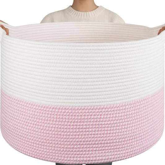 OIAHOMY 115L Extra Large Blanket Basket for Living Room, 23.6" x 15.4" Woven Cotton Rope Laundry Basket for Organizing Pillows, Decorative Stuffed Animal Toy Storage for Nursery, White and Pink