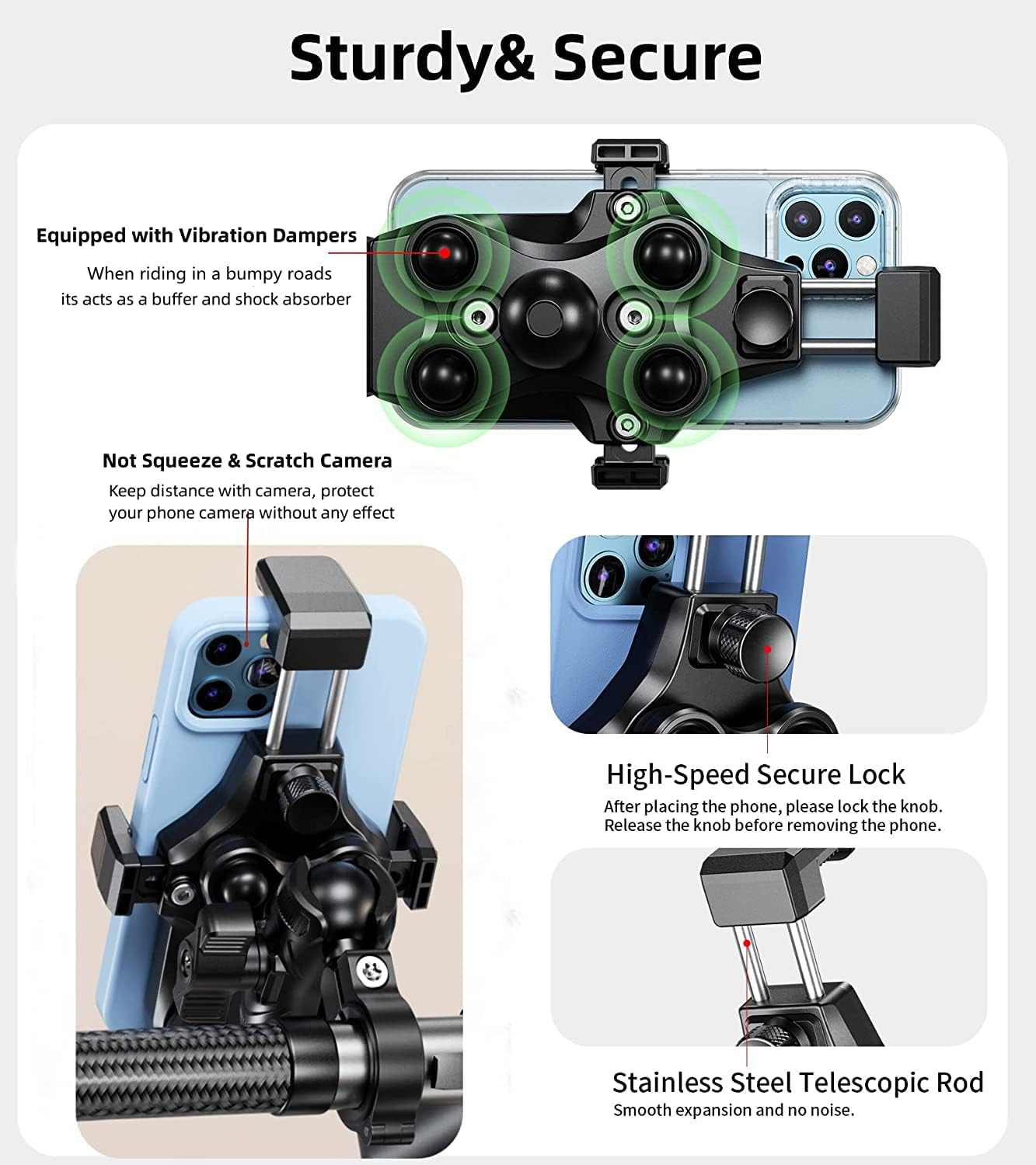 Kewig Motorcycle Phone Mount- [Vibration Dampener] [High-Speed Secure Lock] Motorcycle Cell Phone Holder, Bike Phone Handlebar Mount for 4.7-7.2" Smartphone"