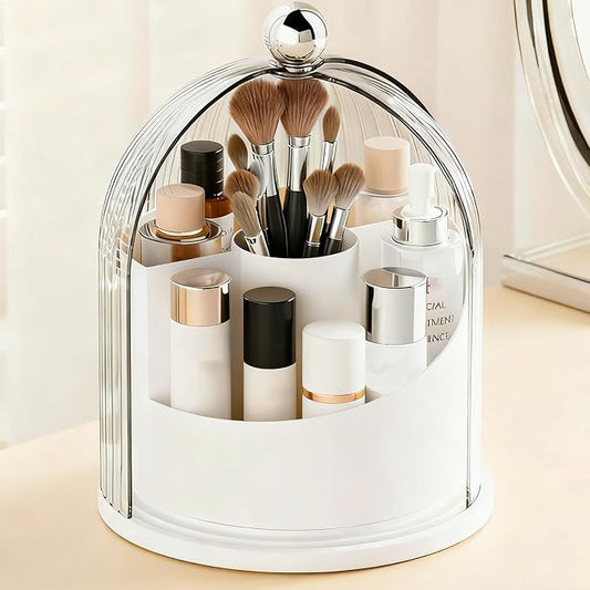 Makeup Brush Holder Organizer with Lid,360° Rotating Makeup Organizer Countertop,5 Compartments Make Up Brush Organizers for Makeup Brushes,Cosmetics,Skincare,Nail Polish,Toothbrush,Dustproof