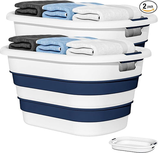 OOAMBB 43L(11.5Gallon) Collapsible Laundry Baskets plastic, Pop Up Laundry hamper/Storage Container, Foldable Laundry Basket with Large Capacity,Sturdy,Space Saver (Blue, 2 Packs)
