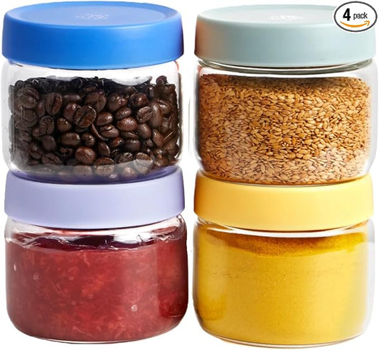 4 Pack 10oz Borosilicate Glass Jars with Lids – Fits 1 Cup Recipes and Toppings – Freezer to Oven Safe (-4°F to 446°F) Meal Prep Containers for Chia Pudding, Overnight Oats, Yogurt