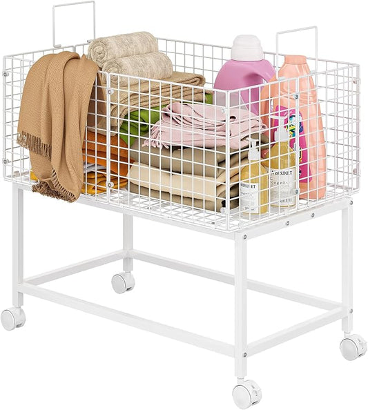Large Rolling Laundry Basket Cart,Wire Laundry Hamper Cart with Handle and Wheels,White High Laundry Hamper for Laundry Room,Bedroom and Bathroom-120L White (29.5"L*19.7"W*27.95"H inch)