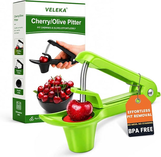 Cherry Pitter, Easy Pitting Cherry Stoner, Stainless Steel Cherries Corer Pitter Tool w/Silicone Cup, Safety Lock Design, Cherry Pit Remover Pitter for Quick, Mess-Free Pitting, Dishwasher Safe