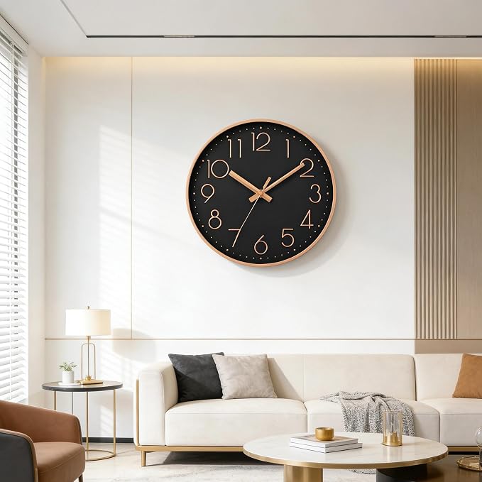 DAXSMY Wall Clock - 10 Inch Silent Non-Ticking Modern 3D Wall Clocks Battery Operated - Decorative Clock for Kitchen, Home Office, Bathroom, Bedroom(Black)