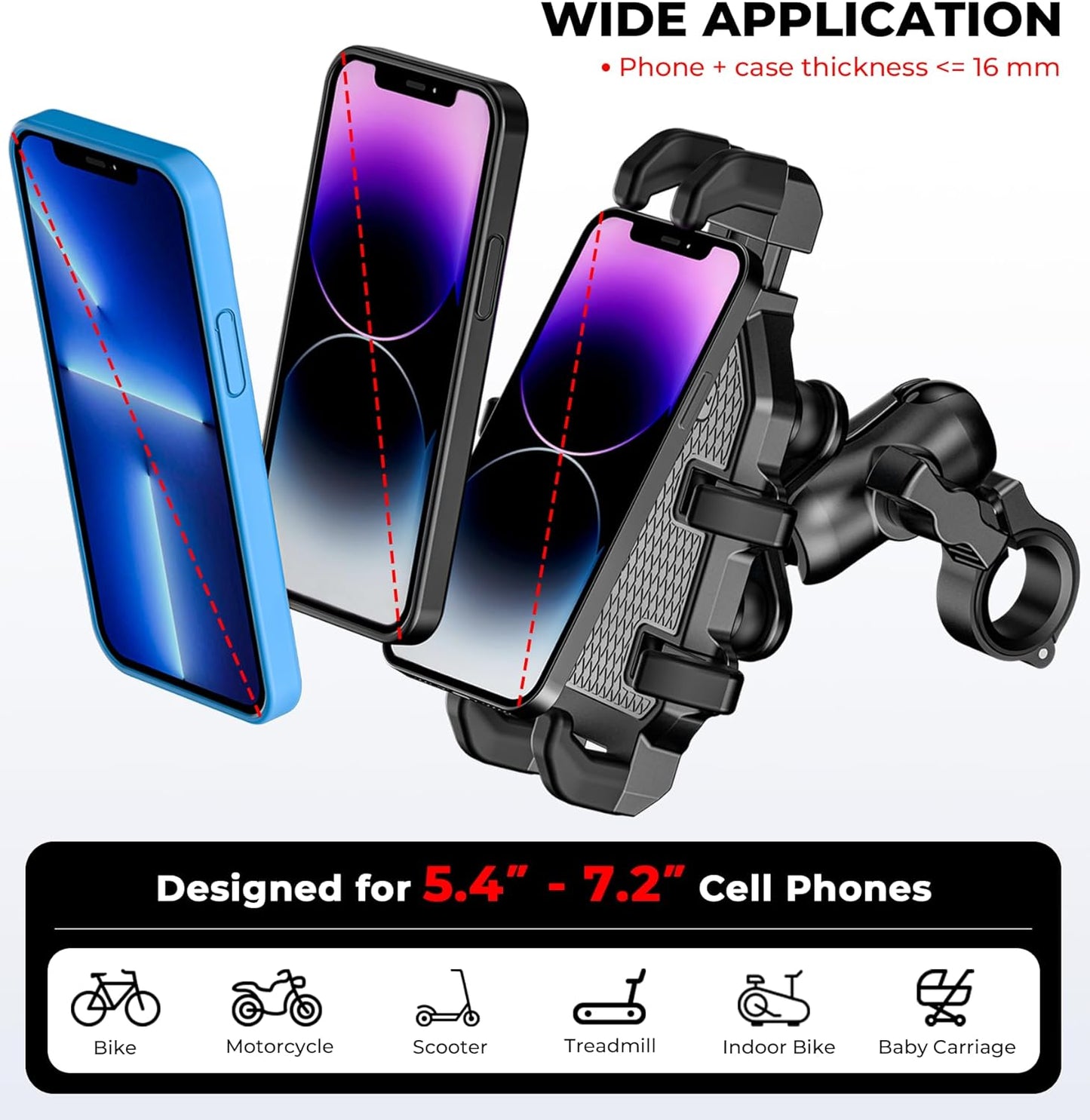 Motorcycle Phone Mount with Vibration Dampener, Anti-Shake Bike Phone Holder with Aluminum Alloy Handlebar Clamp, One-Handed Operation Motorcycle Cellphone Mount Fit for 5.4"-7.2"" Smartphone"