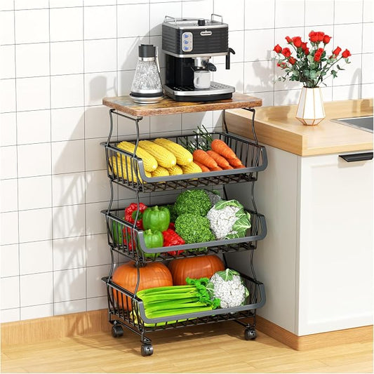 Gsiekare Fruit Vegetable Basket for Kitchen, 4 Tier Stackable Fruit Vegetable Storage Baskets with Wheels, Metal Wire Storage Basket Organizer Baskets for Kitchen, Pantry, Bathroom