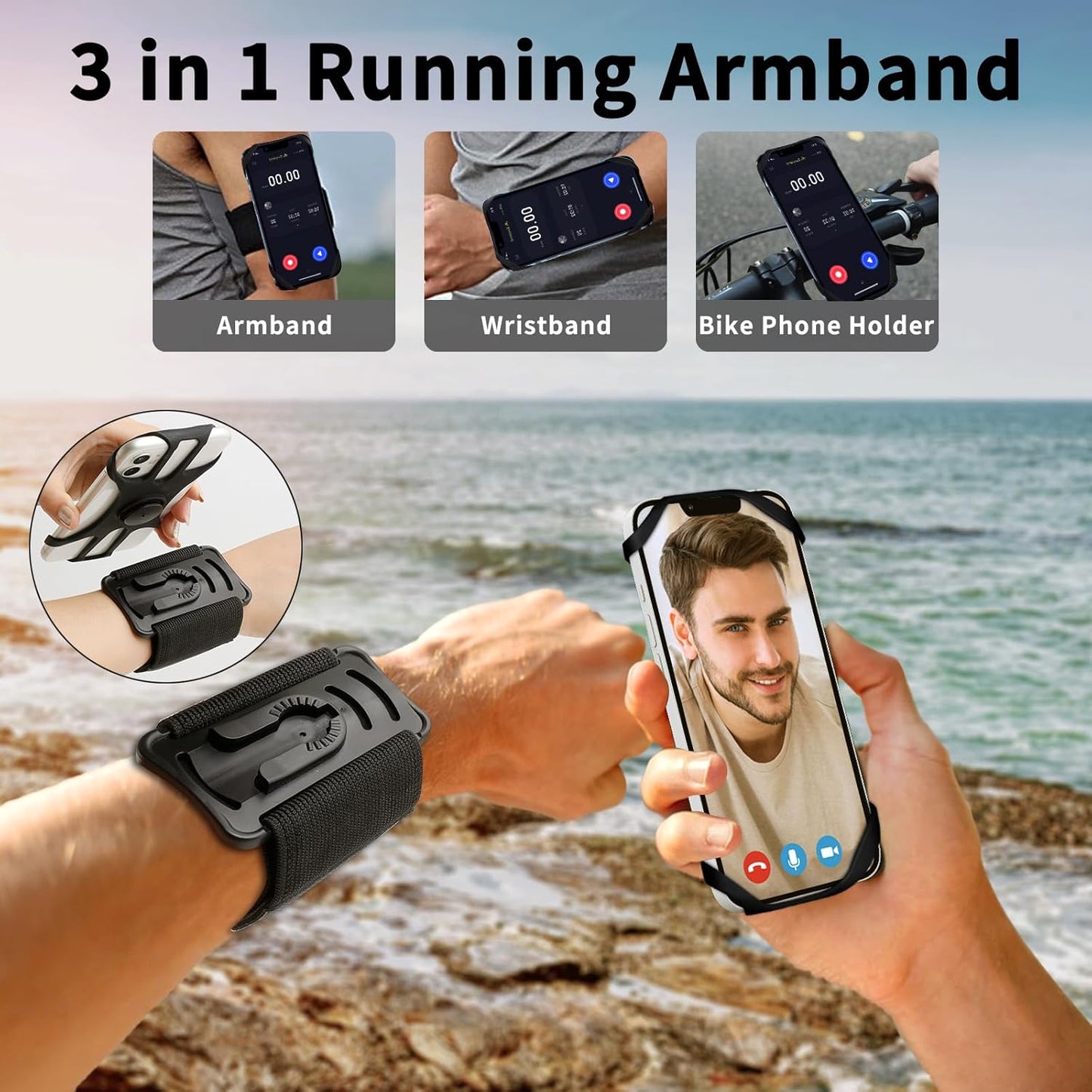3in1 Running Sports Armband+Wristband+Bicycle Phone Holder,360° Rotation & Detachable Compatible with 4.5-7" Cellphone for iPhone 16/15/Pro/ProMax/14/13/mini/Pro Max/XS/XR"