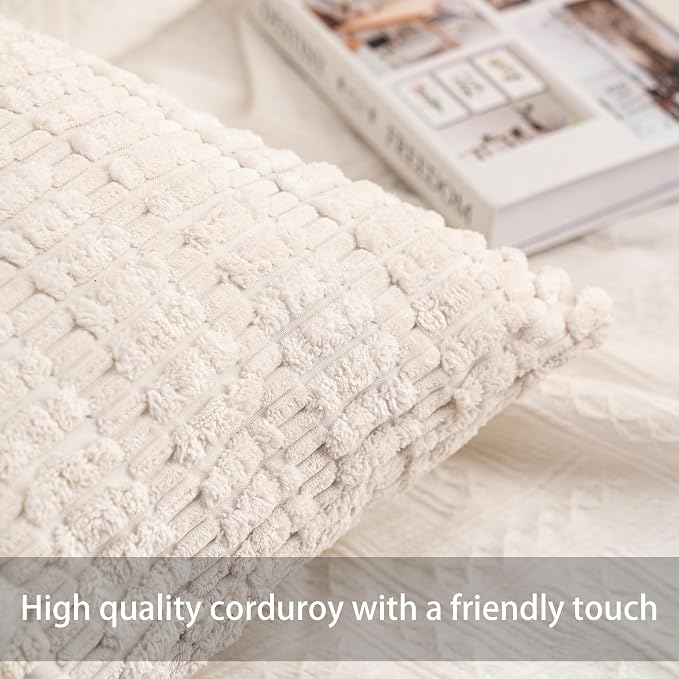Aegero Pack of 2 Corduroy Decorative Throw Pillow Covers 12x24 Inch Soft Striped Pillow Covers Modern Farmhouse Home Decor for Sofa Living Room Couch Bed（Cream White）