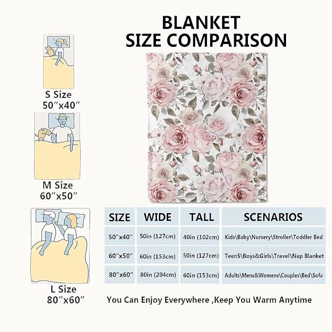 Floral Blanket,Vintage Pink Rose Throw Blankets,Birthday Gifts for Women & Flower Lovers,Lightweight Soft Fleece,for Picnic Sofa Couch Bed Room Travel,Modern Romantic Decor,60x80in