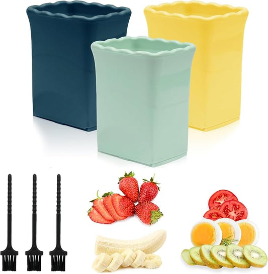 3-in-1 Strawberry, Egg & Cup Slicer - Sharp Stainless Steel Blade for Soft Fruits like Banana & Kiwi - Quick Fruit Salad Maker (Yellow/Green/Navy Blue)