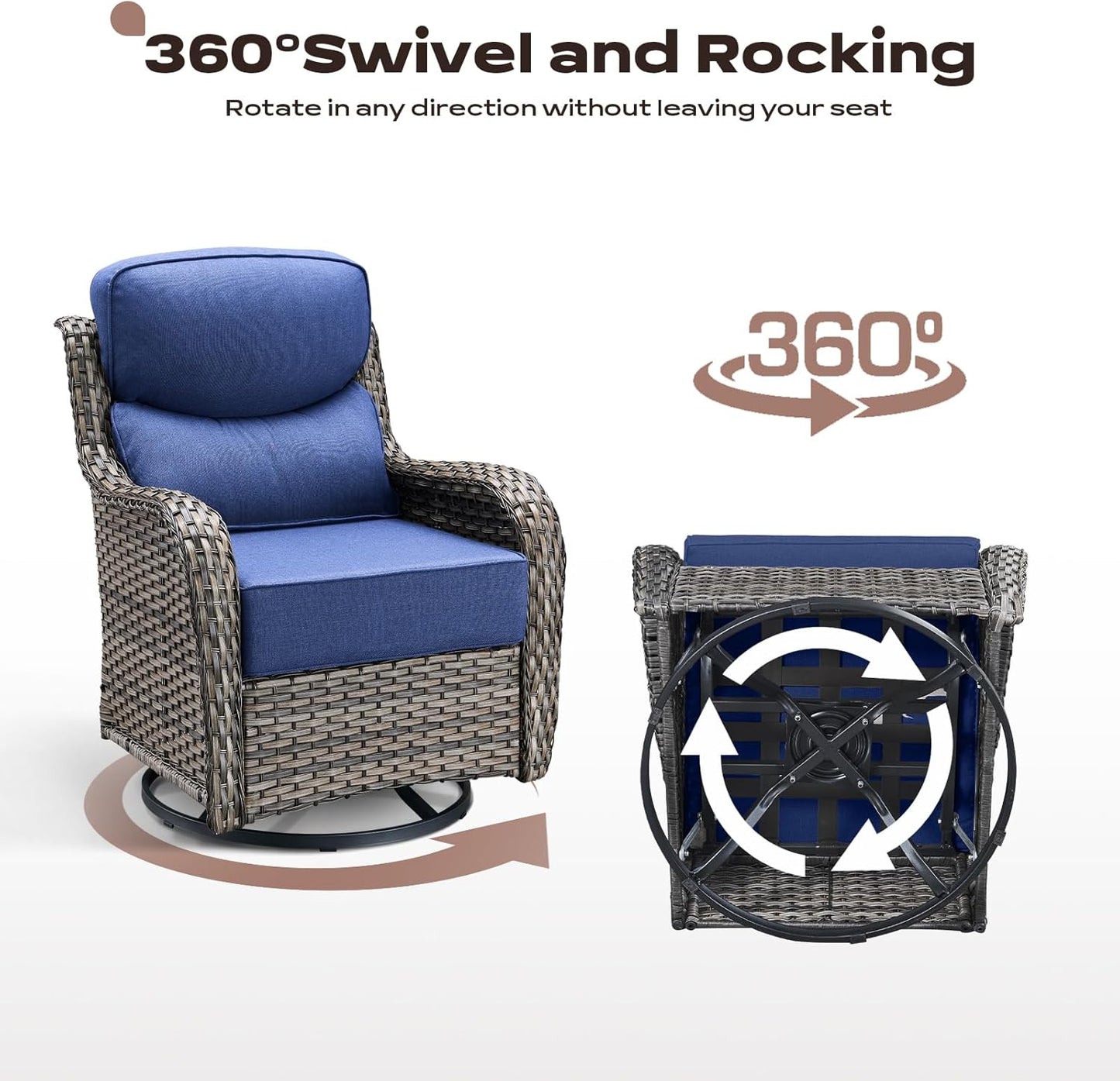 Wicker Outdoor Patio Furniture Set - 8 Piece Patio Conversation Sets with Swivel Rocker Chairs, Ottomans, Sofa and Table, 6 inch Cushions, Deep Seating, for Porch Deck Mixed Grey/Blue